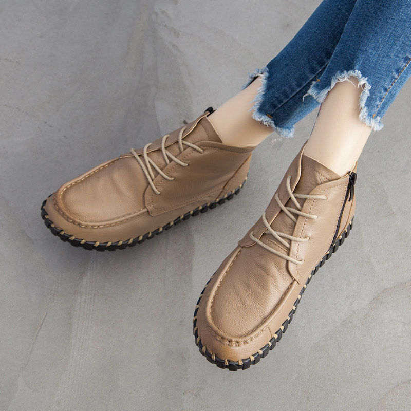 Oxford Lace Up Women - Bota de couro verdadeira para mulheres,