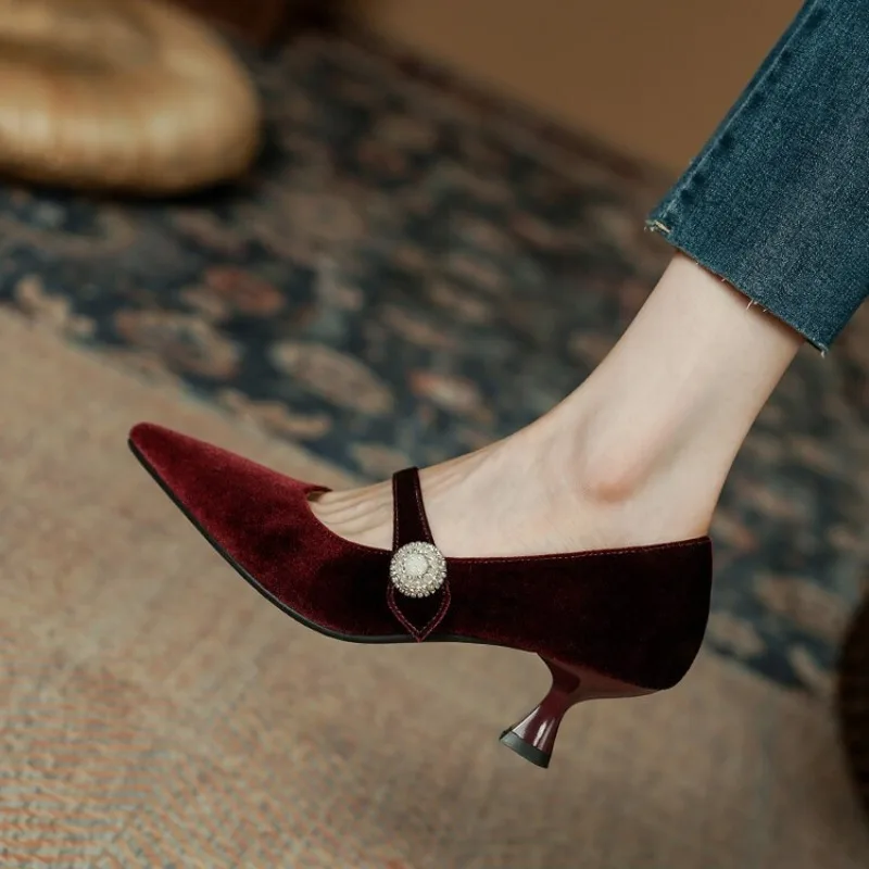 Women Shoes With Heels - Vinho tinto apontou toe mary jane