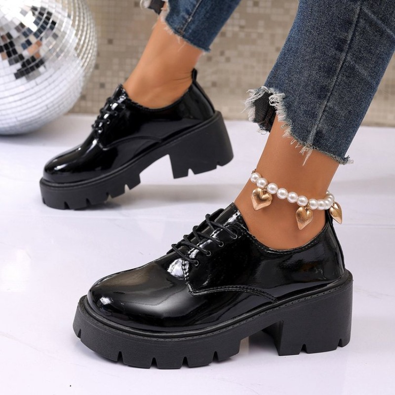 Oxford Lace Up Women - Novos Sapatos Femininos de Plataforma Pretos