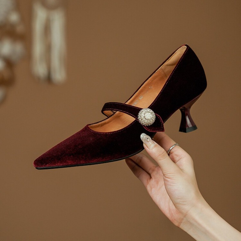 Vinho tinto apontou toe mary j - Women Shoes With Heels avaliação e preço